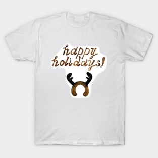 Lettering Happy Holidays, hand drawn phrase. Greeting card. Headband decoration with antlers of moose (deer) isolated on white . Design for the invitation, poster, postcard, wrapping paper, cover. T-Shirt